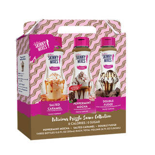 Jordan's Skinny Mixes holiday drizzle sauce trio box with three squeeze bottles: salted caramel, peppermint mocha, double fudge