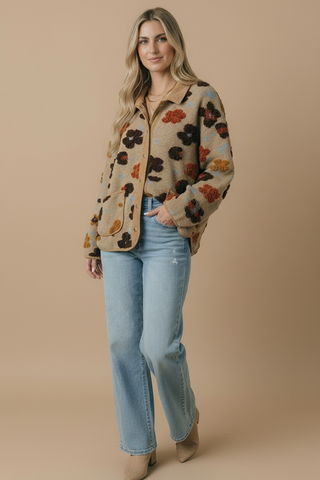 Corduroy Puff Flower Color Block Jacket