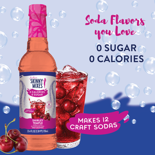 Jordan's Skinny Mixes sugar-free Shirley Temple soda syrup bottle and cherry soda in a glass, surrounded by bubbles