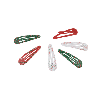TELETIES six holiday patterned hair clips: red striped, green striped, white confetti dots