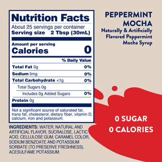Jordan's Skinny Mixes peppermint mocha syrup nutrition panel showing 0 sugar and 0 calories