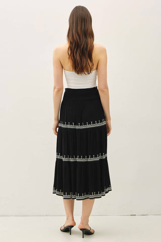 EMBROIDERED DETAIL TRI-TIER MIDI SKIRT