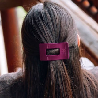Teleties small flat rectangle hair clip in Mulberry berry purple, shown in hair