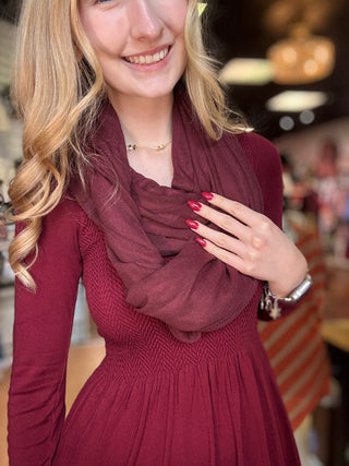 Reversible Knee Length Long Sleeve Dress – Burgundy – model photo