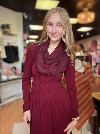 Reversible Knee Length Long Sleeve Dress – Burgundy – model photo