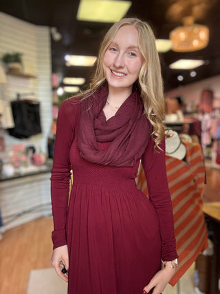 Reversible Knee Length Long Sleeve Dress – Burgundy – model photo