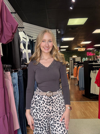 Lace Trim Long Sleeve – Charcoal – model photo