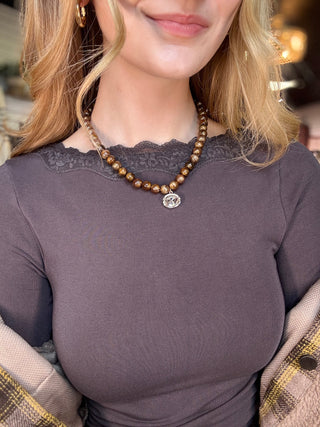 Lace Trim Long Sleeve – Charcoal – model photo