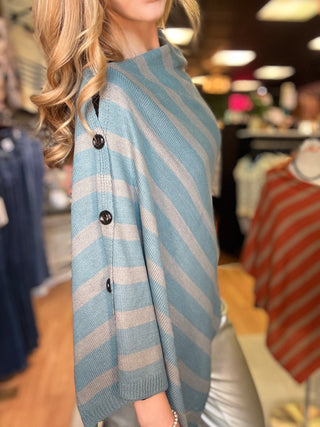Line Up Striped Poncho – Teal/Grey Striped – model photo