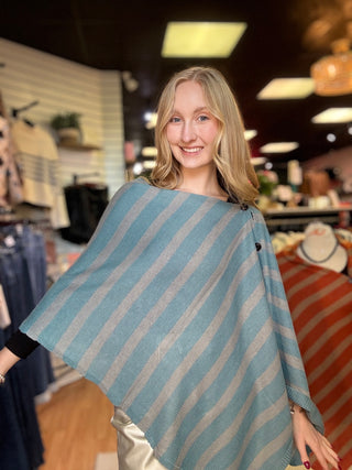 Line Up Striped Poncho – Teal/Grey Striped – model photo