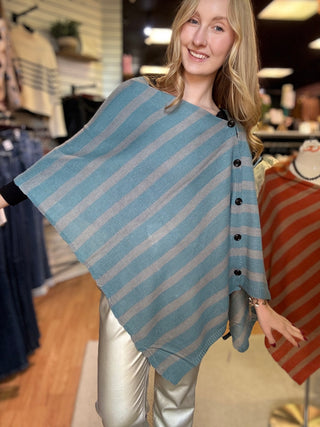 Line Up Striped Poncho – Teal/Grey Striped – model photo