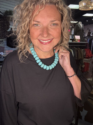Chunky Resin & Natural Stone Bead Necklace Ellison+Young – Turquoise Coast – model photo