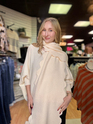 Scallop Edge Cozy Scarf, Ribbed Knit – Creamy Ivory – model photo
