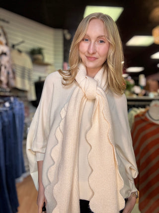Scallop Edge Cozy Scarf, Ribbed Knit – Creamy Ivory – model photo