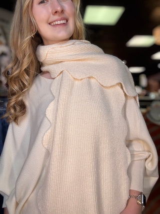 Scallop Edge Cozy Scarf, Ribbed Knit – Creamy Ivory – model photo