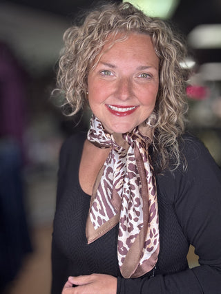 Leopard Print Satin Square Scarf Ellison+Young – model photo