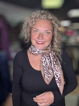 Leopard Print Satin Square Scarf Ellison+Young – model photo