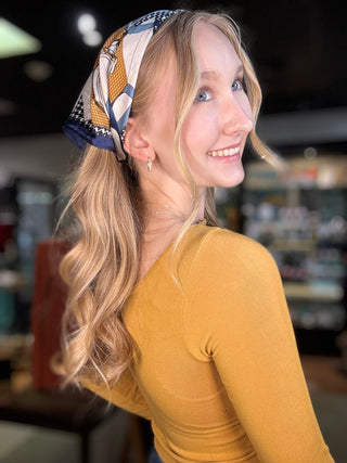 Silky Muse Satin Square Scarf - Chic Silky Scarf For Hair, Neck, Or Bag Styling – Paris Atelier – model photo