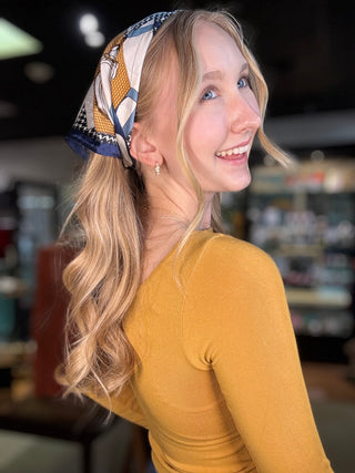 Silky Muse Satin Square Scarf - Chic Silky Scarf For Hair, Neck, Or Bag Styling – Paris Atelier – model photo