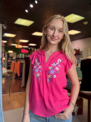 Embroidered Pink Flower Top – Fuchsia – model photo