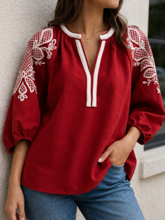 Burgundy Top with Embroidered Sleeve