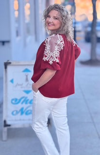 Burgundy Top with Embroidered Sleeve