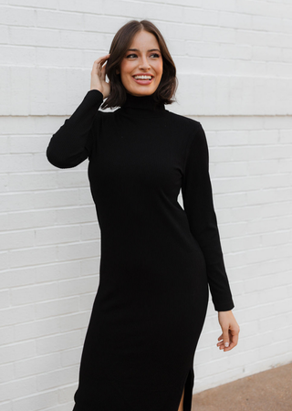 Ribbed L/S Turtleneck Dress: Evergreen