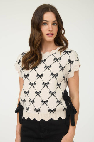BOW PATTERN SHORT SLEEVE SIDE TIE KNIT PULLOVER