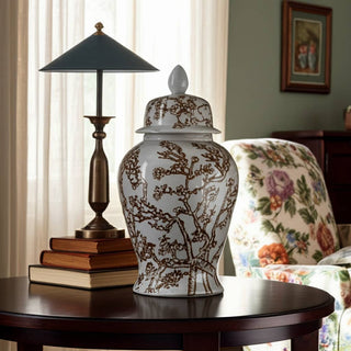 Sagebrook Home - Decorative Jar - White/Brown Ceramic Cherry Blossom, 15 in.
