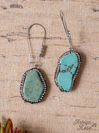 RHINESTONE TURQUOISE STONE DANGLE EARRINGS