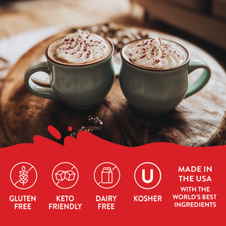 Jordan's Skinny Mixes peppermint mocha latte mugs with whipped cream and chocolate drizzle