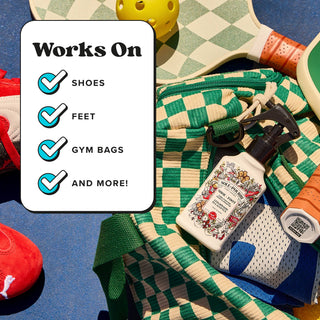 Shoe+Foot odor spray bottle with black trigger sprayer, Citrus Mint, near shoe items.