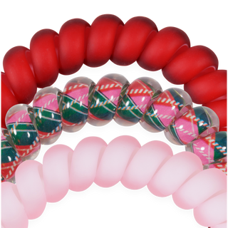 TELETIES close-up of large tartan bead hair ties in pink, red, green, and blue