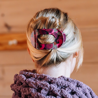 Teleties large flat round hair clip in Garden Glam print, shown in hair