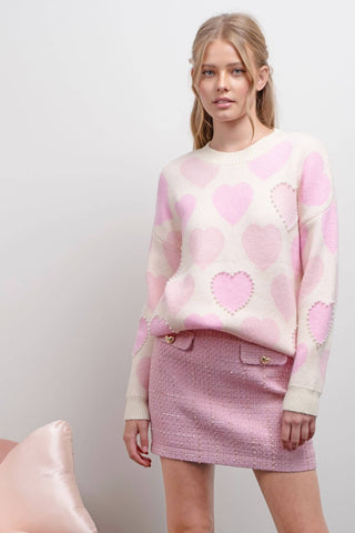 HEART PATTERN PEARL DETAIL KNIT SWEATER: IVORY