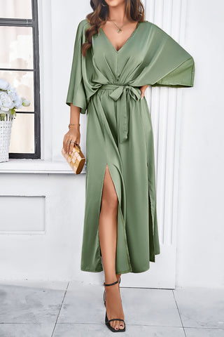 Devine Slit Tied V-Neck Three-Quarter Sleeve Dress