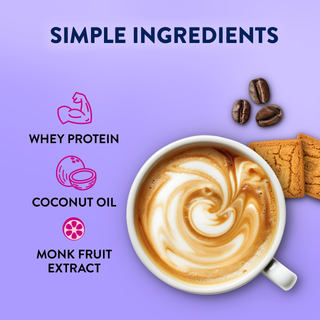 Jordan's Skinny Mixes cookie butter protein creamer latte cup with ingredient icons and biscuit crackers