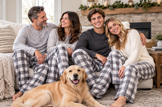 Family wearing gray and white plaid flannel pajama pants
