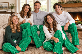 Family wearing kelly green plaid flannel pajama pants