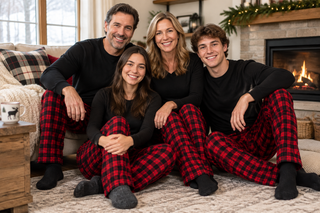 Family wearing red and black plaid flannel pajama pants