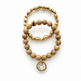 Marbled bead stretch bracelets set of 2 in light tan with gold coin crystal charm
