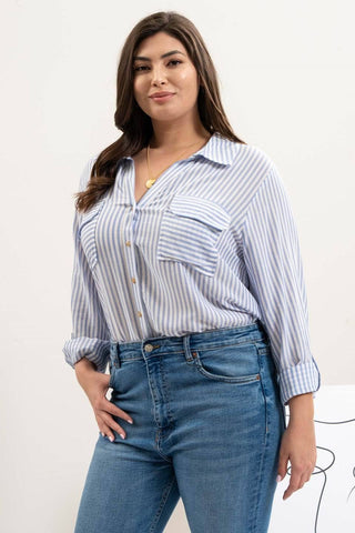 PLUS STRIPE COLLARED BUTTON DOWN LIGHTWEIGHT SHIRT: BLUE