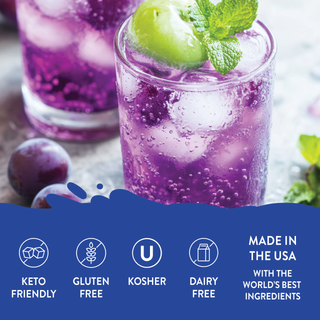 Jordan's Skinny Mixes grape soda syrup drink: close-up of a clear glass of purple grape soda with mint garnish and grapes