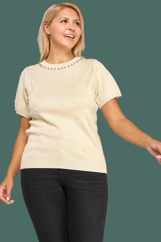 Pearl & Rhinestone Embellished Knit Sweater Top