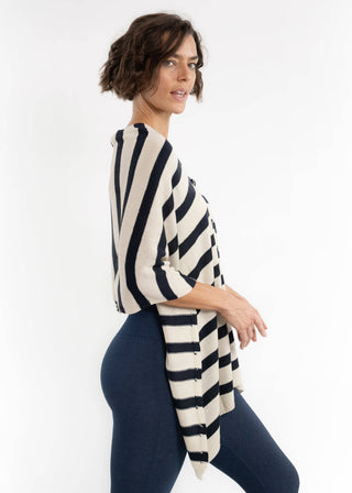 Elietian Line Up Striped Poncho – striped poncho with button-front V-neck, navy and cream stripes, side view
