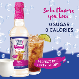 Jordan's Skinny Mixes sweet cream dirty soda syrup bottle with tall iced drink and lime slice