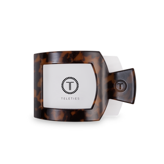 Tortoise flat square hair clip with TELETIES logo on front