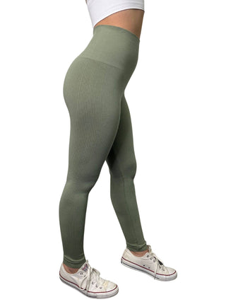 Elietian Ribbed High Waist Leggings in Sage, side view