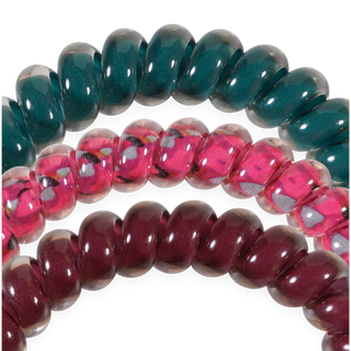 Teleties small spiral hair ties in Harvest Hues teal, berry plaid and burgundy, shown as a set