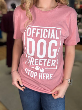 Official Dog Greeter T-Shirt – Coral – model photo